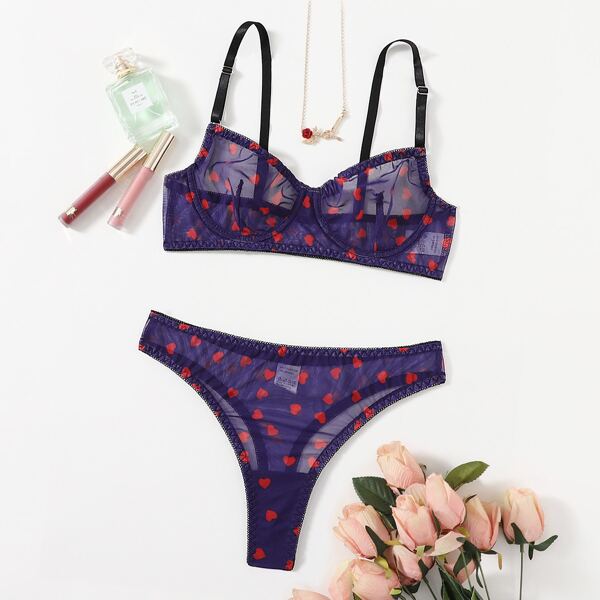 

Heart Print Mesh Underwire Lingerie Set, Purple