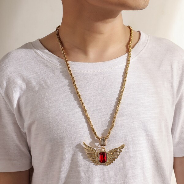 

Men Rhinestone Wings Charm Necklace, Gold