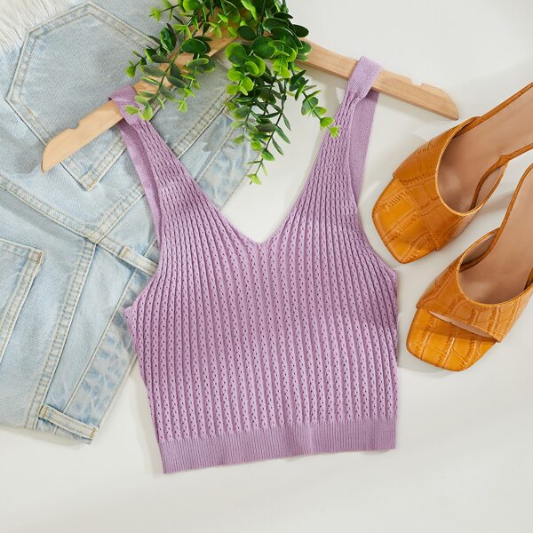 

Solid Crop Cable Knit Top, Lilac purple