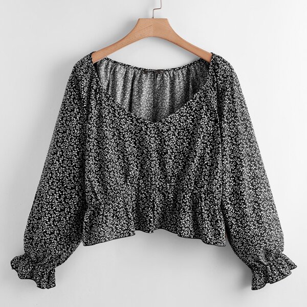 

Plus Ditsy Floral Flounce Sleeve Peplum Blouse, Black