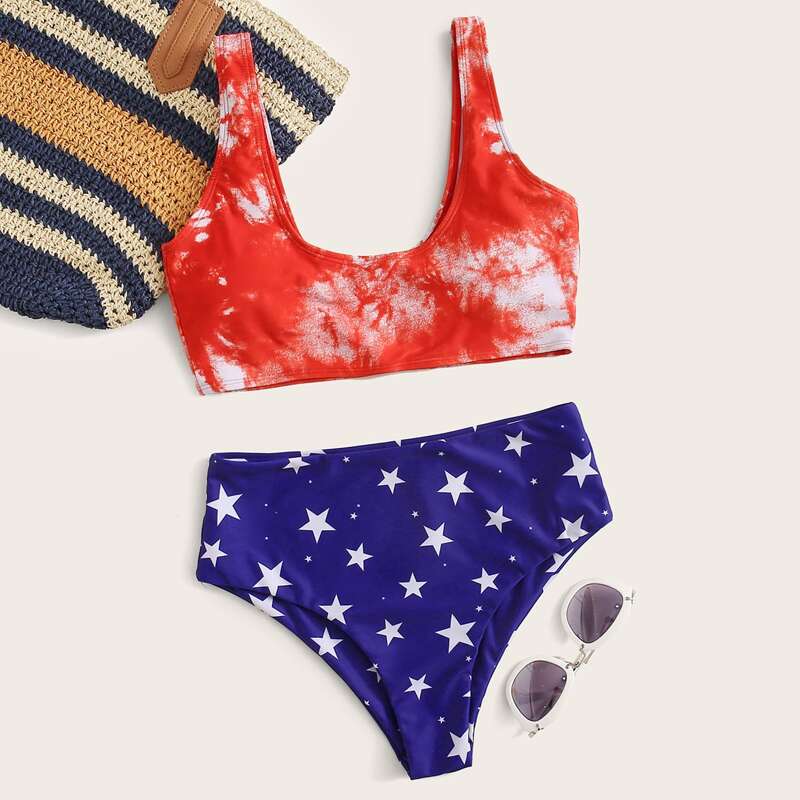 

Tie Dye & Star Print Bikini Swimsuit, Multicolor