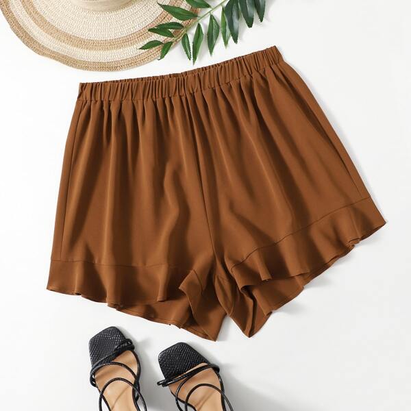 

Plus Solid Ruffle Hem Shorts, Coffee brown