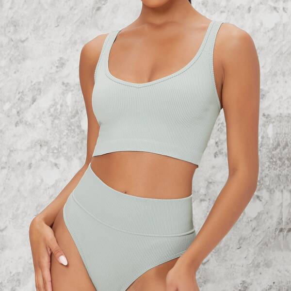 

Ribbed V-Neck Bralette Top & Undies Set, Light grey