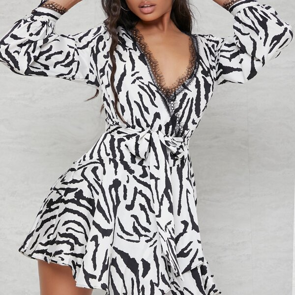 

Belted Zebra Striped Eyelash Lace Mini Dress, Black and white