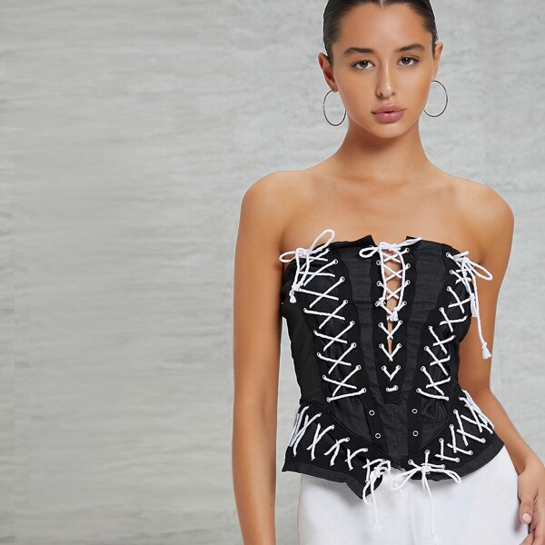 

Crisscross Lace-Up Cropped Tube Top, Black