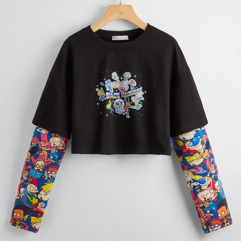 

2 In 1 Letter Cartoon Graphic Tee, Black