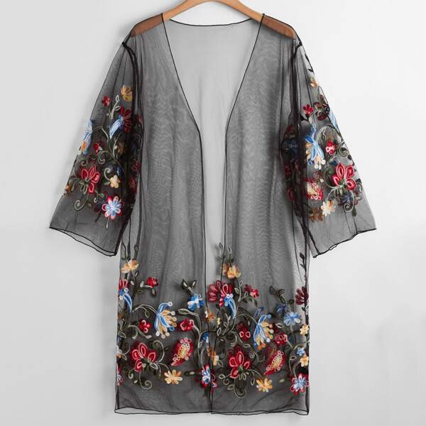 

Plus Embroidery Mesh Sheer Kimono, Black