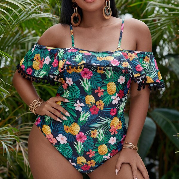 

Plus Pineapple & Tropical Pom-pom Trim One Piece Swimsuit, Multicolor