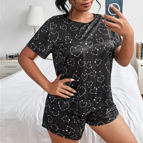 

Plus Heart And Galaxy Print Pajama Set, Black