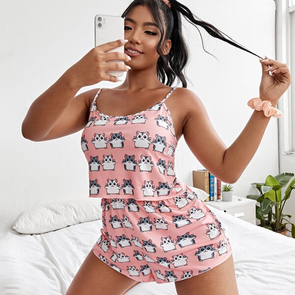 

Plus Allover Cartoon Graphic Cami Pajama Set, Pink