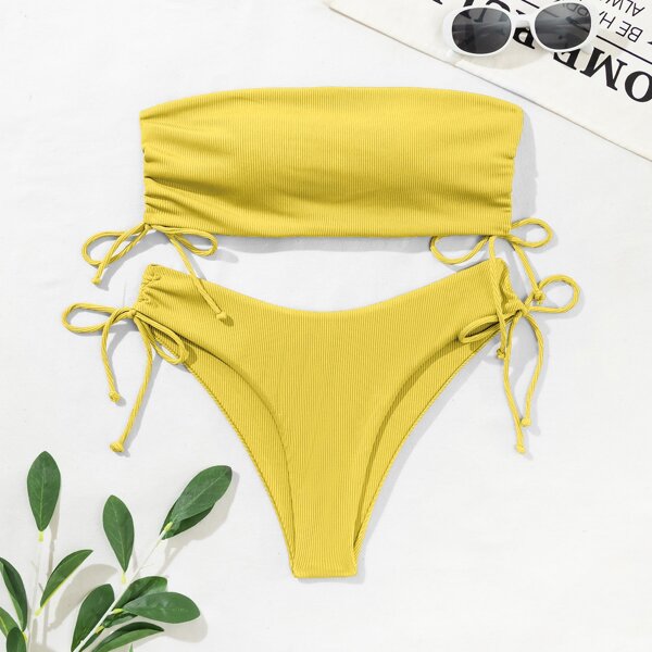 

Rib Drawstring Side Bandeau Bikini Swimsuit, Yellow