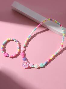 2pcs/Set Glitter Heart Pendant Necklace & Beaded Heart Bracelet Jewelry Set, Colorful Charm Jewelry For Girls Party Gifts, Color Random - Multicolor - View 1