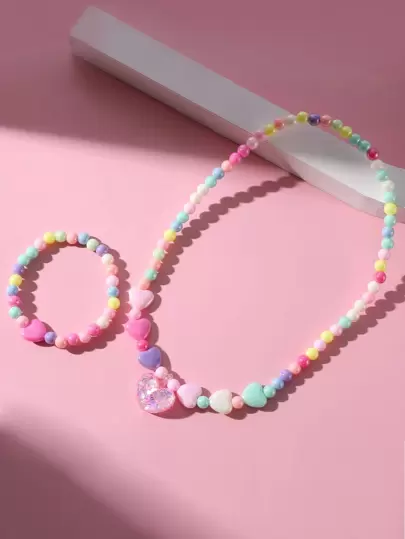 Bộ 2 mặt dây chuyền hình trái tim lấp lánh & vòng tay hình trái tim đính hạt, trang sức quyến rũ nhiều màu sắc cho bé gái làm quà tặng tiệc, màu sắc ngẫu nhiên