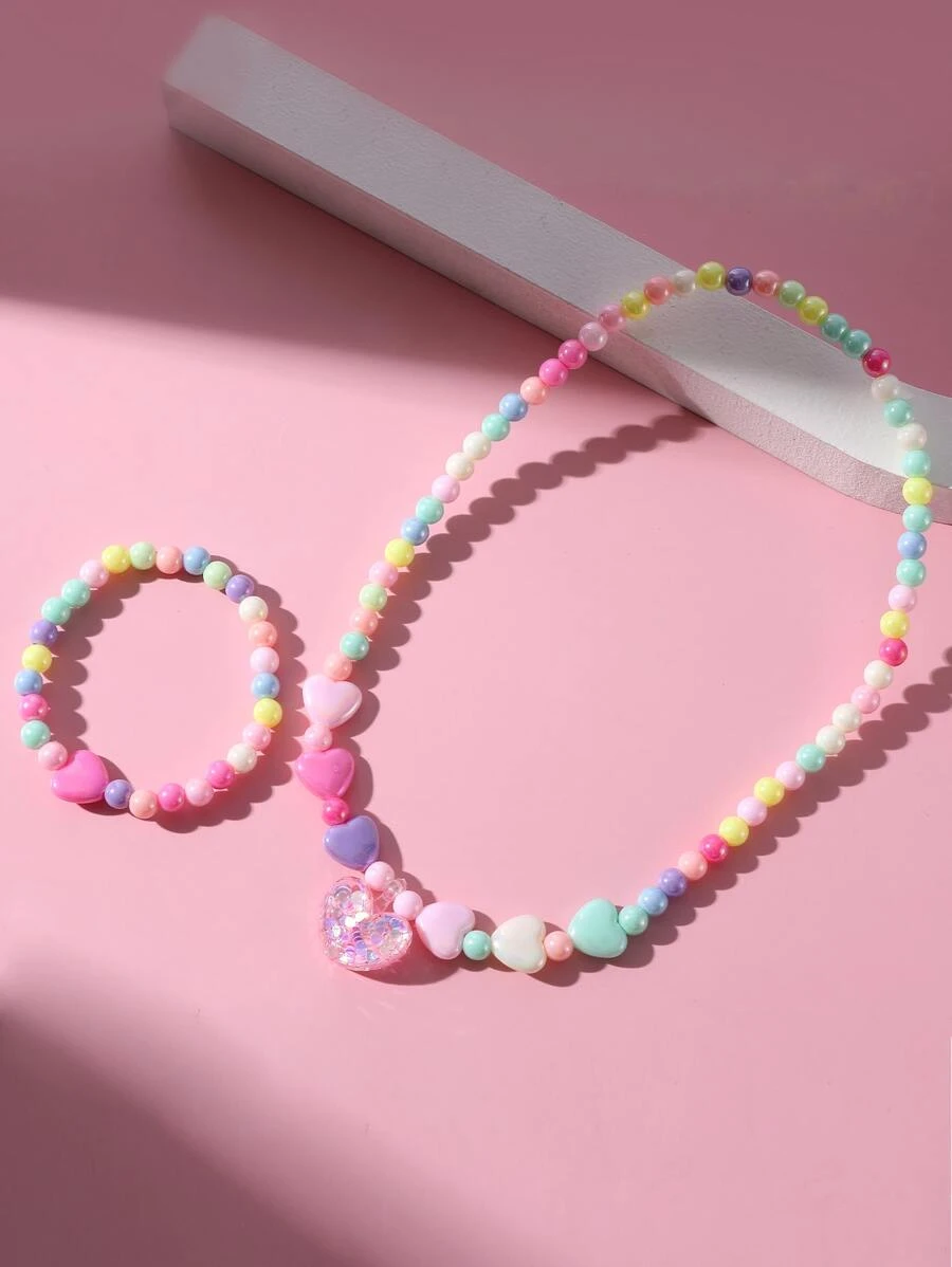 2pcs/Set Glitter Heart Pendant Necklace & Beaded Heart Bracelet Jewelry Set, Colorful Charm Jewelry For Girls Party Gifts, Color Random - Multicolor - View 1