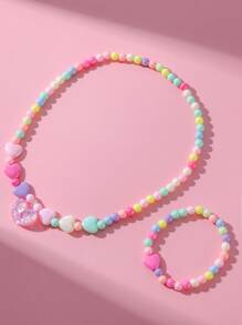 2pcs/Set Glitter Heart Pendant Necklace & Beaded Heart Bracelet Jewelry Set, Colorful Charm Jewelry For Girls Party Gifts, Color Random - Multicolor - View 2