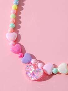 2pcs/Set Glitter Heart Pendant Necklace & Beaded Heart Bracelet Jewelry Set, Colorful Charm Jewelry For Girls Party Gifts, Color Random - Multicolor - View 3