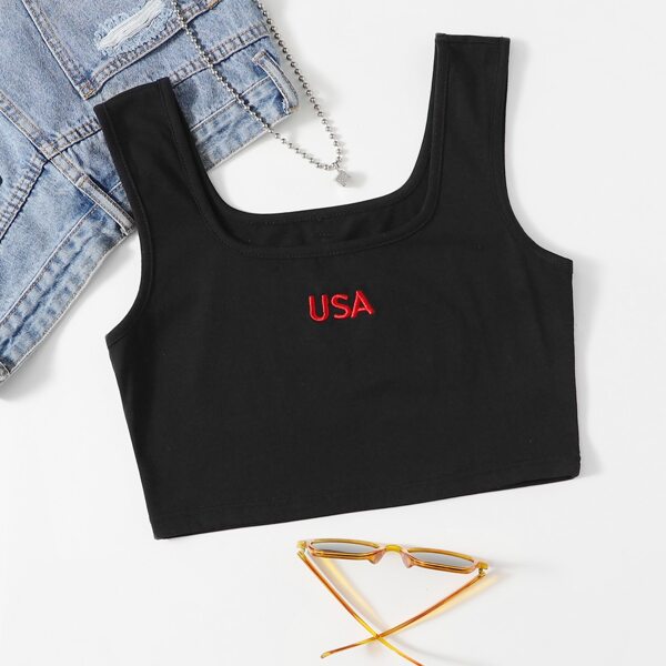 

Letter Embroidery Crop Tank Top, Black