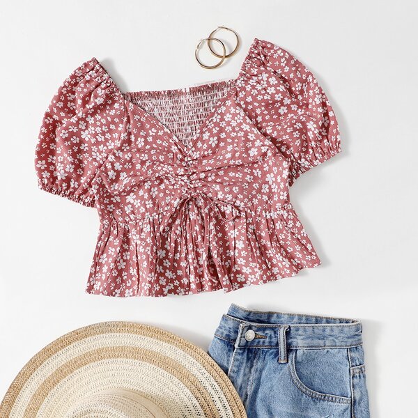 

Ditsy Floral Shirred Smock Blouse, Dusty pink
