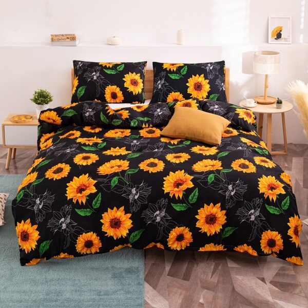 

Sunflower Print Duvet Cover Set Without Filler, Black