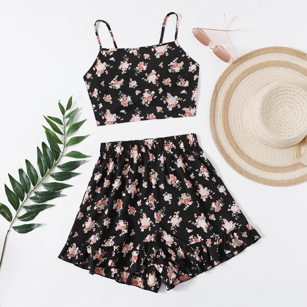 

Allover Floral Tie Back Cami Top & Shorts, Multicolor