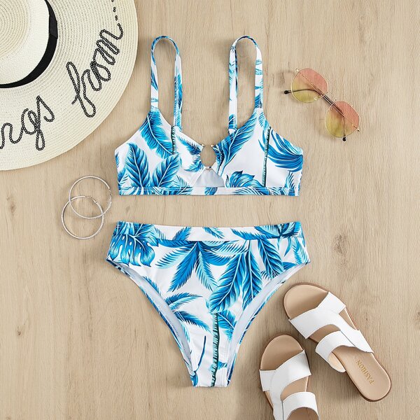 

Tropical Ring Linked Bikini Swimsuit, Blue and white
