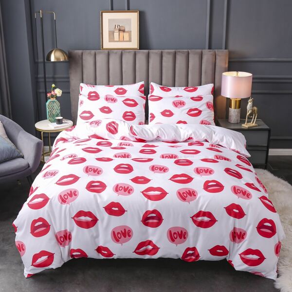 

Lip Print Duvet Cover Set Without Filler, Red and white