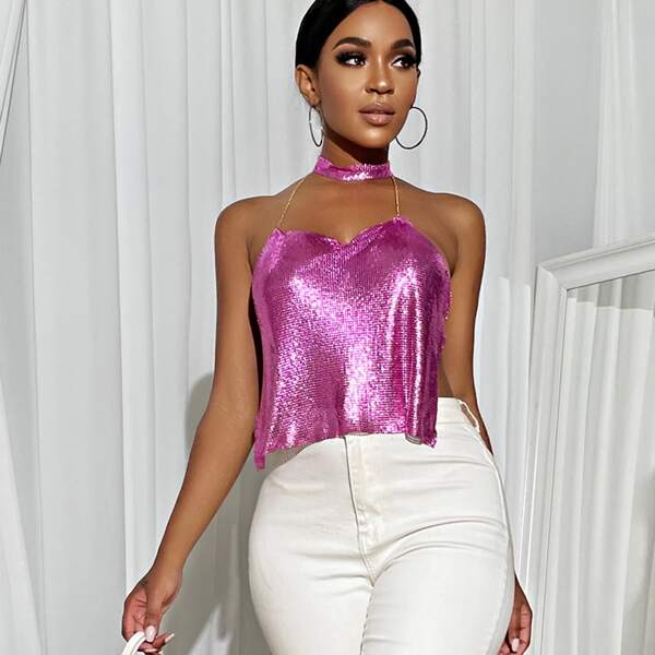 

Backless Chain Detail Metallic Halter Top, Hot pink