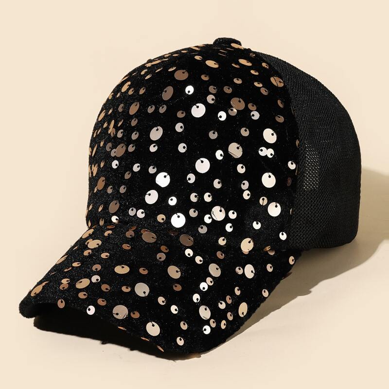 

Sequin Contrast Mesh Baseball Cap, Black