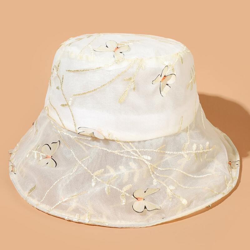 Butterfly Applique Bucket Hat, Beige