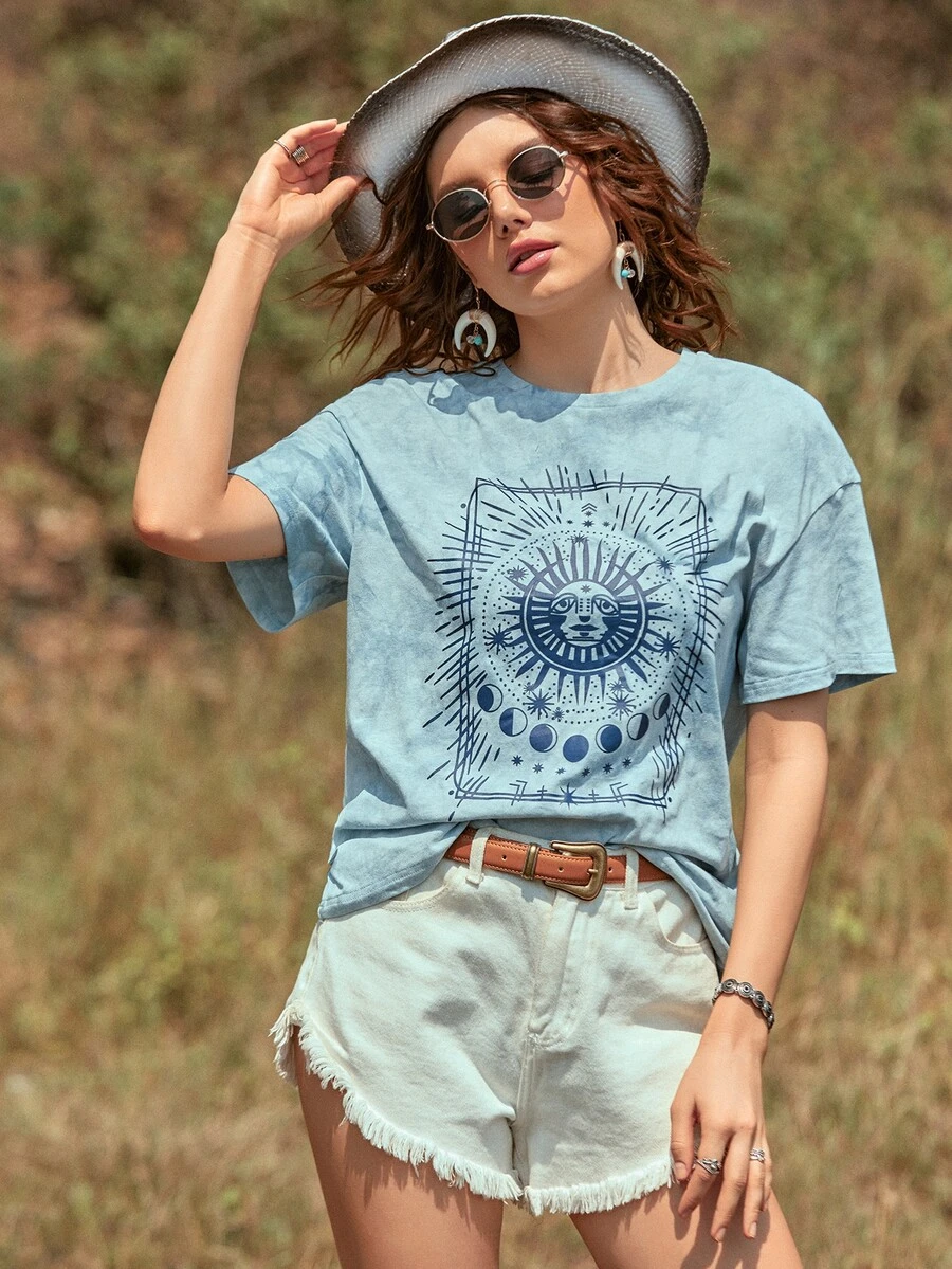 T-shirt Grafis Casual - Mint Blue - View 1