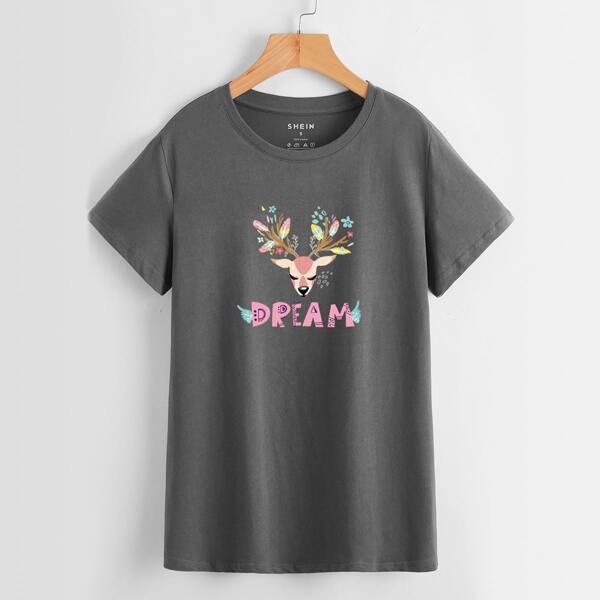 

Letter & Cartoon Graphic Tee, Dark grey
