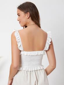 SHEIN Unity Top De Tirantes Fruncido Con Detalle De Volantes De Schiffy - Blanco - Ver 2