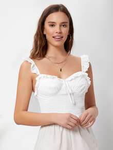 SHEIN Unity Top De Tirantes Fruncido Con Detalle De Volantes De Schiffy - Blanco - Ver 5