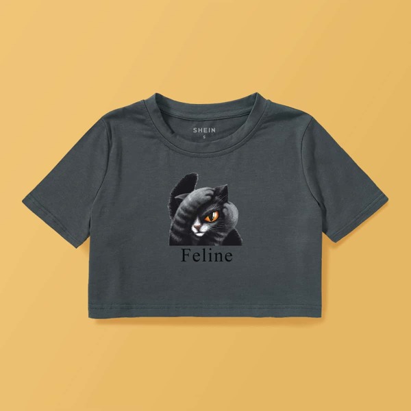 

Cat & Letter Graphic Crop Tee, Dark grey
