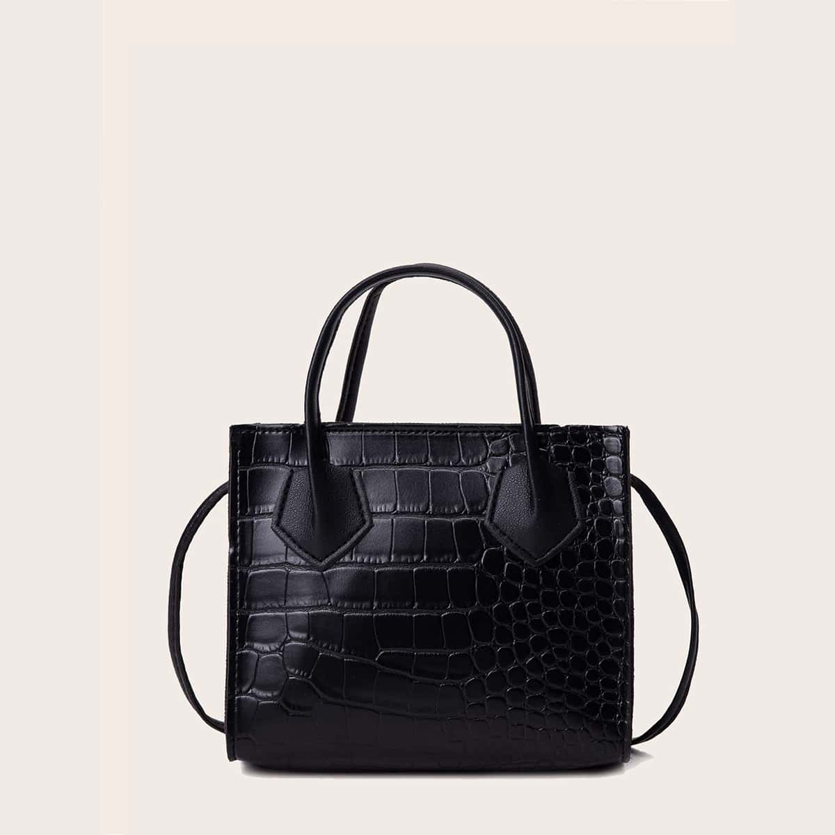 

Croc Embossed Satchel Bag, Black