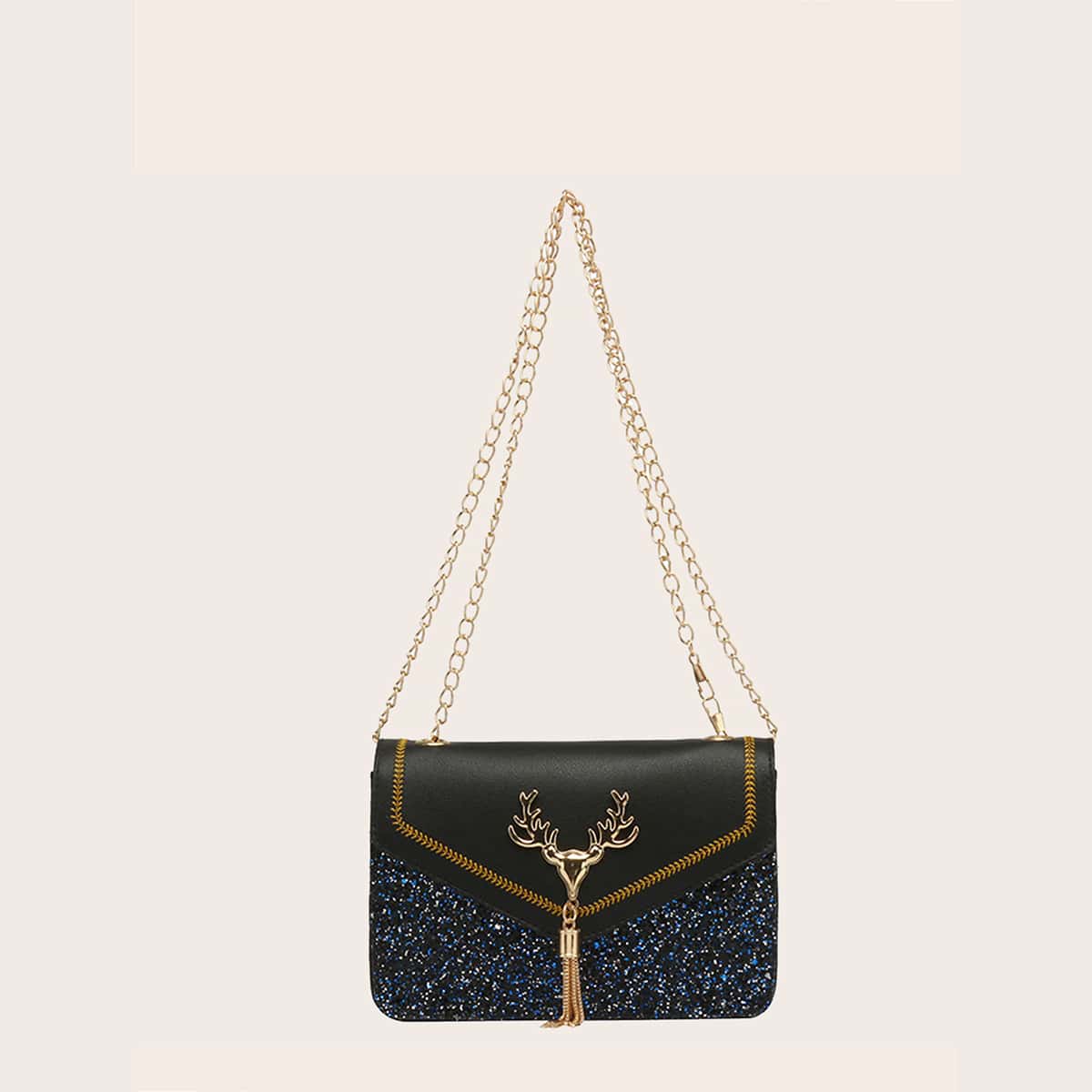 

Glitter Tassel Chain Crossbody Bag, Black