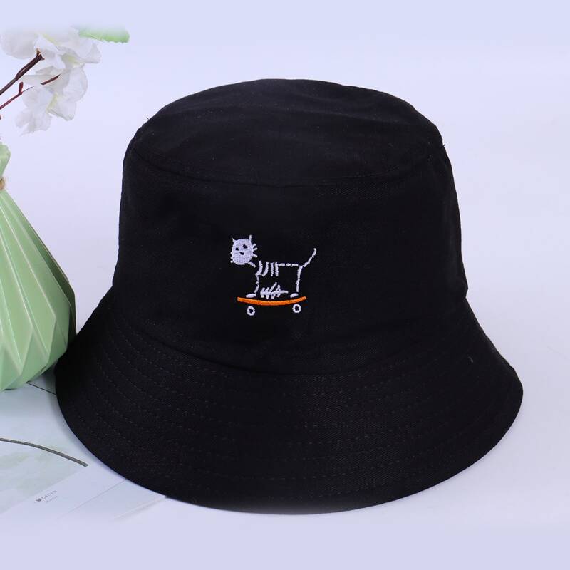 

Cat Embroidery Bucket Hat, Black