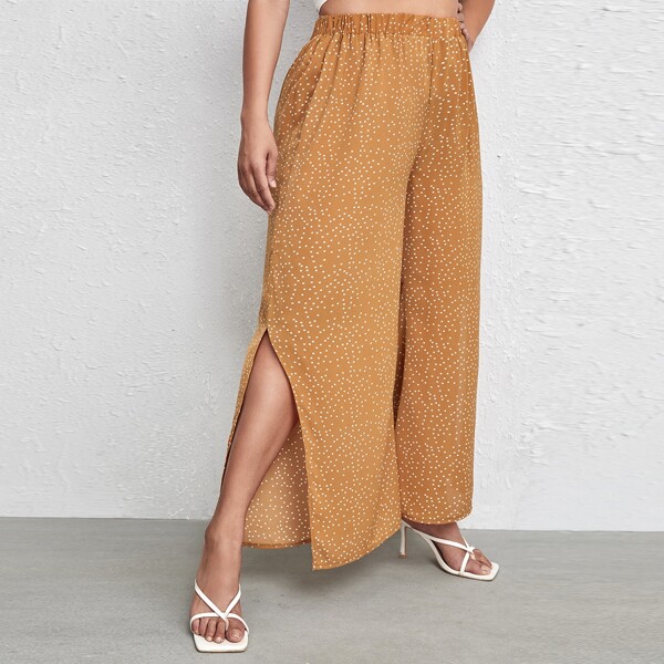 

Plus Polka Dot Split Hem Wide Leg Pants, Yellow