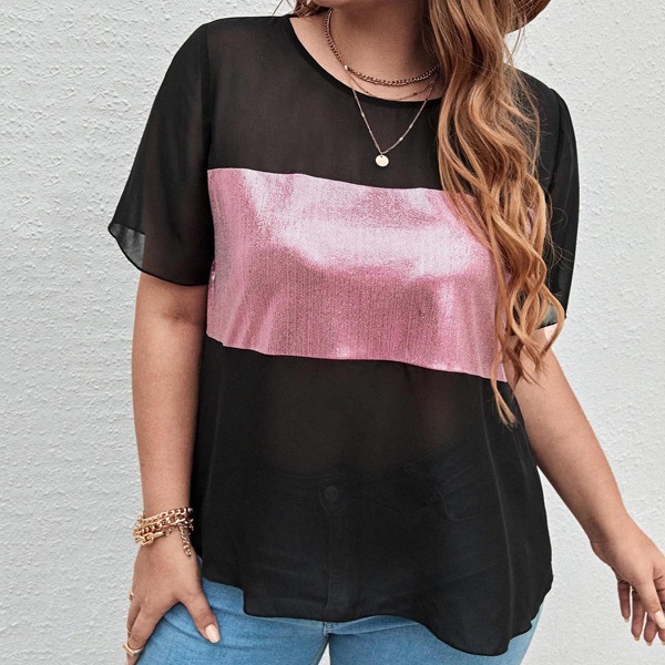 

Plus Contrast Panel Sheer Chiffon Top, Black