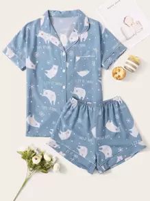 Conjunto De Pijama Gráfico Con Letras Y Dibujos Animados - Neblina azul - Ver 1