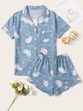 طقم بيجامة بجرافيك رسوم كارتون وعبارة