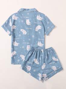 Conjunto De Pijama Gráfico Con Letras Y Dibujos Animados - Neblina azul - Ver 2