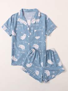 Conjunto De Pijama Gráfico Con Letras Y Dibujos Animados - Neblina azul - Ver 3