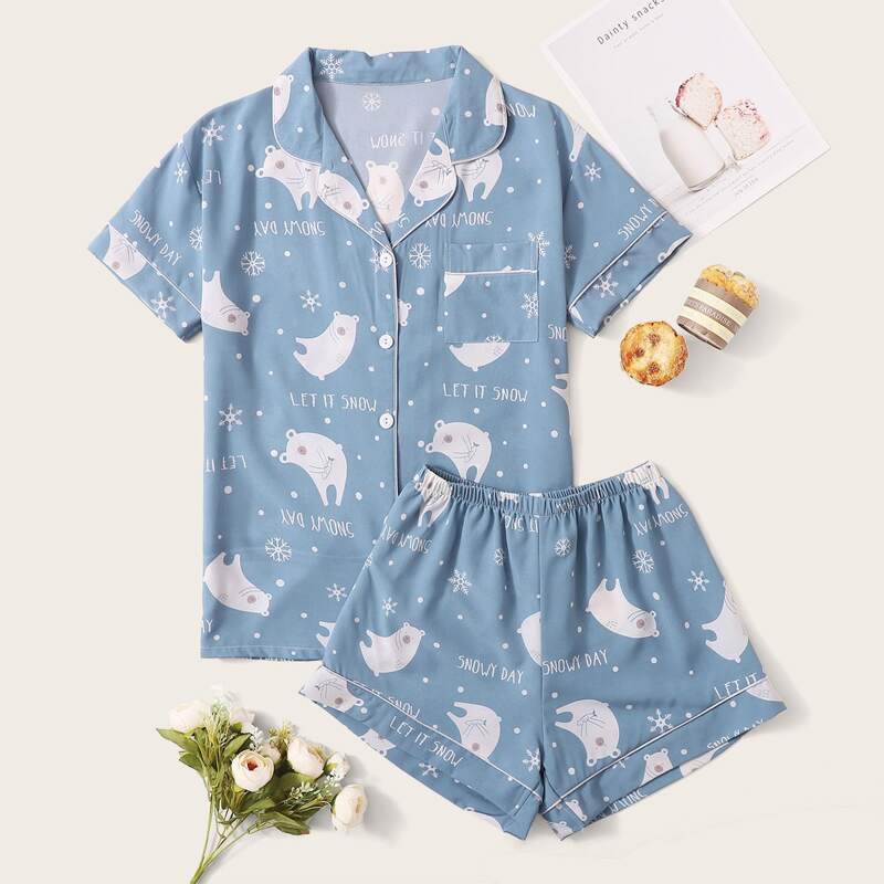 

Letter & Cartoon Graphic PJ Set, Dusty blue