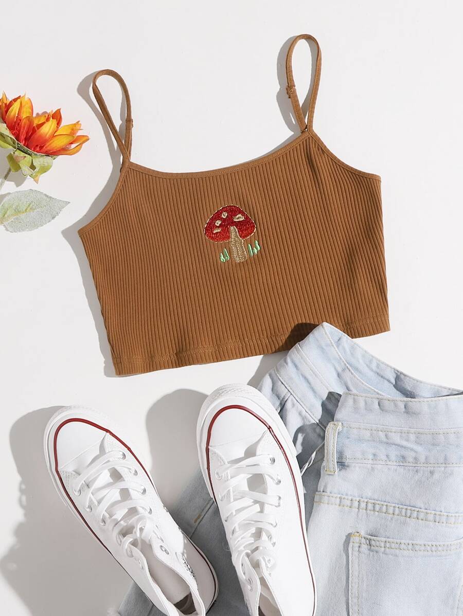 SHEIN Qutie Mushroom Embroidery Rib-knit Cami Crop Top - Brown - View 1