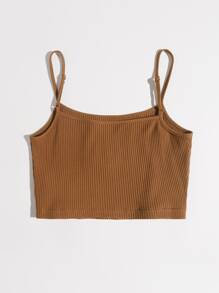 SHEIN Qutie Mushroom Embroidery Rib-knit Cami Crop Top - Brown - View 2