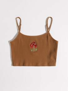 SHEIN Qutie Mushroom Embroidery Rib-knit Cami Crop Top - Brown - View 3