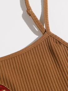 SHEIN Qutie Mushroom Embroidery Rib-knit Cami Crop Top - Brown - View 4
