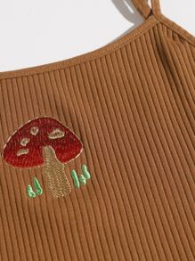 SHEIN Qutie Mushroom Embroidery Rib-knit Cami Crop Top - Brown - View 5