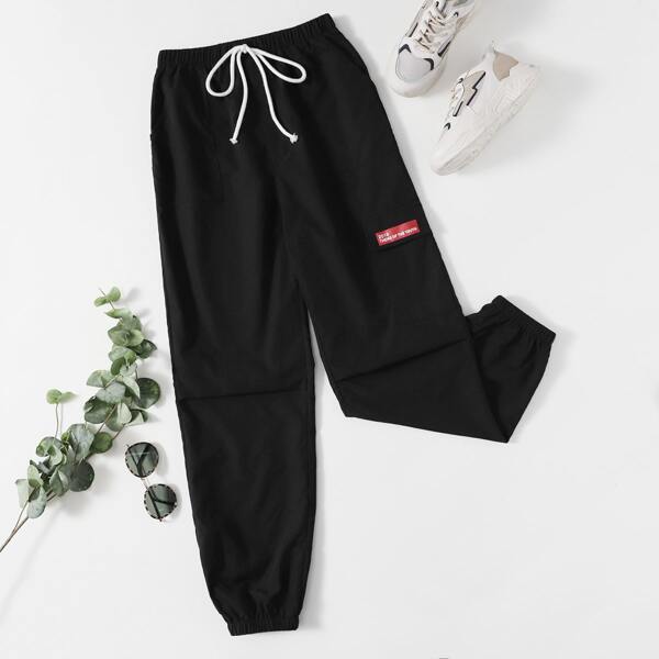

Letter Graphic Flap Pocket Pants, Black